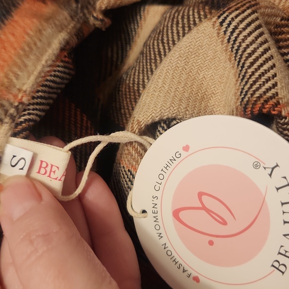 Flannel Button Down Shirt, Boyfriend Long Sleeve, Oversized, Brown/Orange, S - Picture 4 of 17